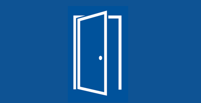 White icon logo of a door opening on blue, solid background.