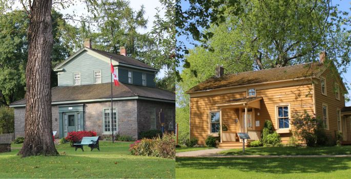 Dual photos of Henry House on left surrounded by grass and trees and Guy house on the right on similar landscape