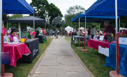 An open-sided gazebo tent with smiling people