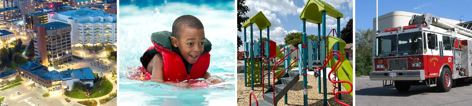 Four images: an aerial view of City Hall, a young child swimming in a City pool wearing a life jacket, a City playground and a fire truck