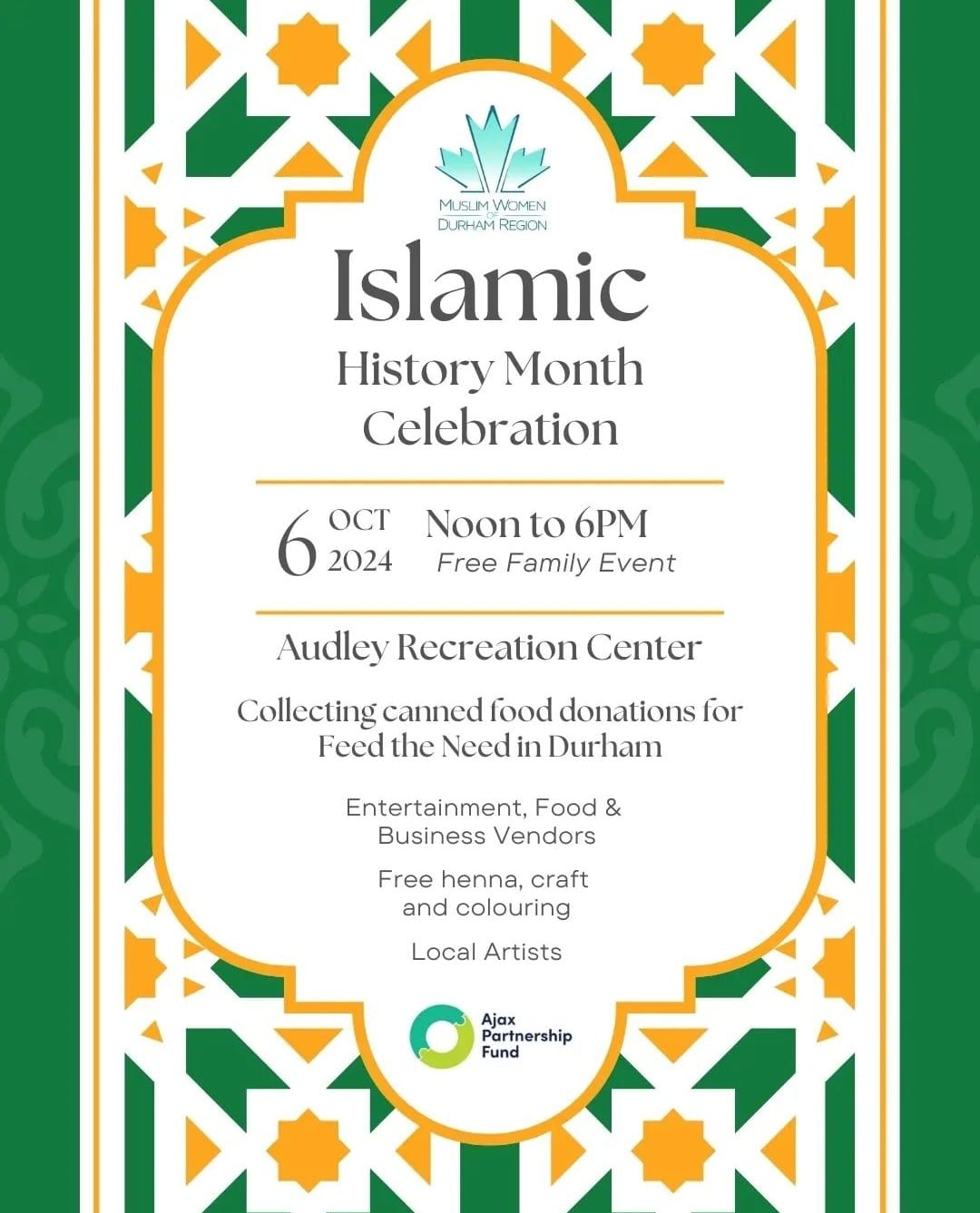 A gemoetric green, orange and white background with event details for the Islamic History Month Celebration.