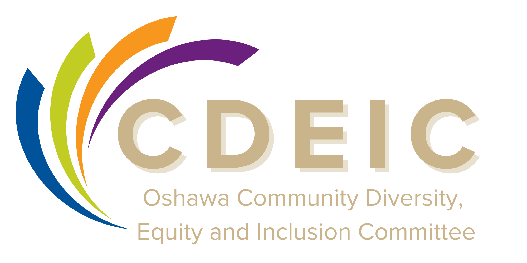 The logo features four curved lines in blue, green, orange, and purple, forming a circular shape around the acronym "CDEIC" in beige. The words "Oshawa Community Diversity, Equity, and Inclusion Committee" are written below the acronym in a smaller font.