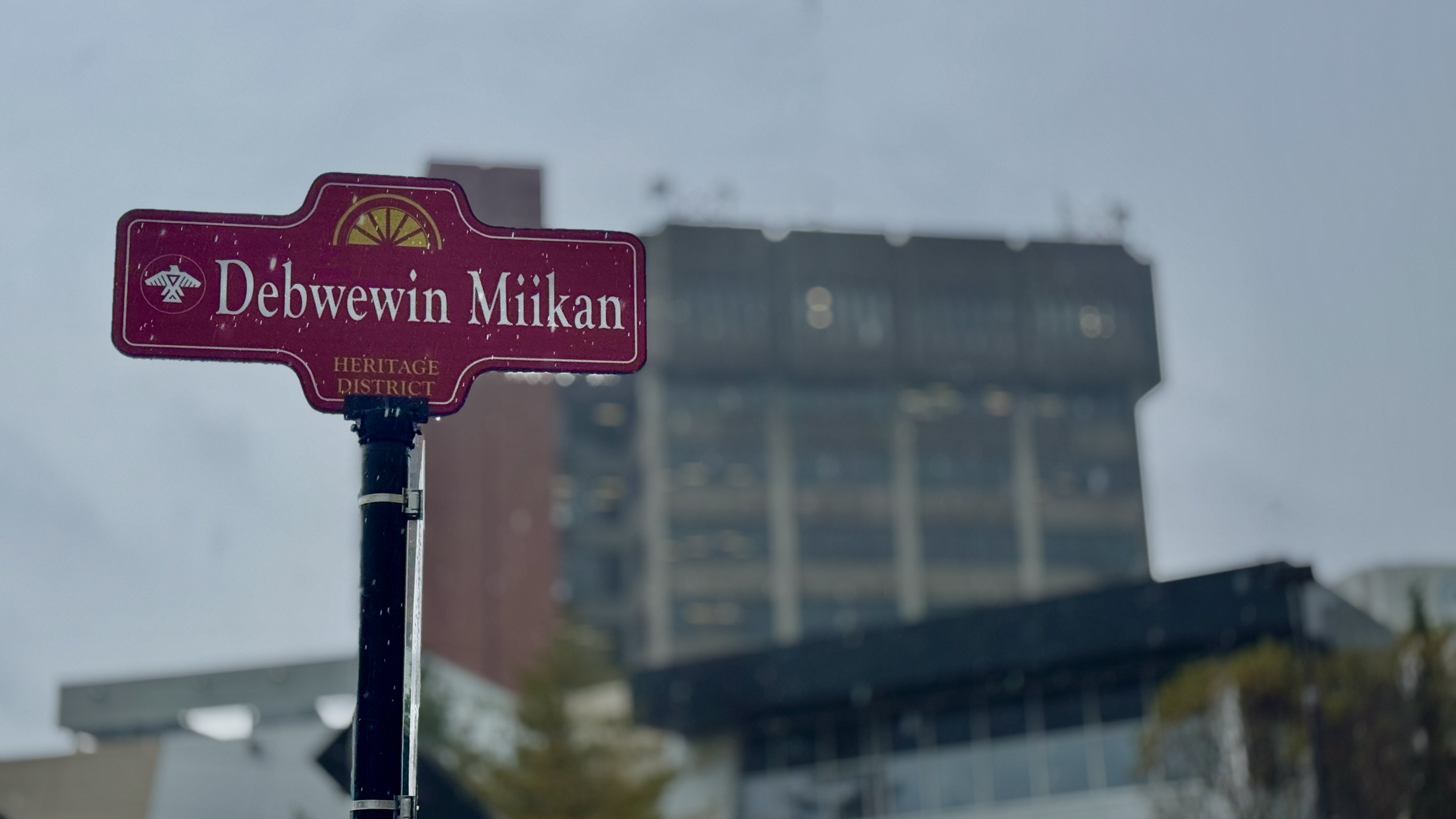 Debwewin Miikan road sign in front of City Hall