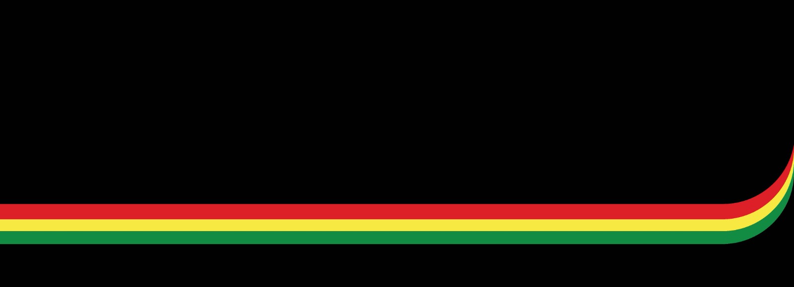 Black background with red, yellow and green stripes along the bottom.