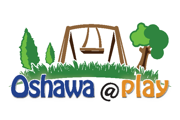 graphics of a swing set in a park setting with text in blue and orange that reads "Oshawa @Play"