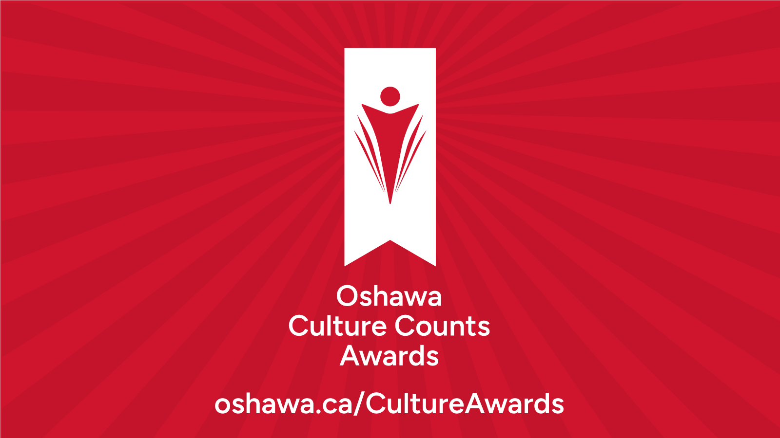 Red starburst background, white pennant with icon of a person. Text: Oshawa Culture Counts Awards, oshawa.ca/CultureAwards