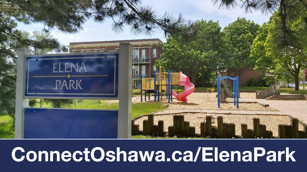 Elena Park playground and park sign. ConnectOshawa.ca/ElenaPark