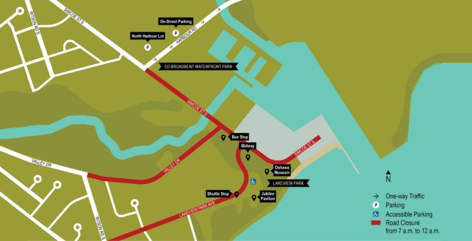 Overview image of road map of road closures, water and streets for parking on Canada Day