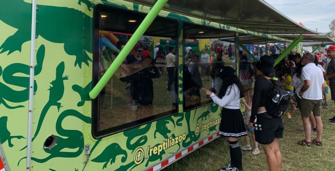 Mobile reptilia trailer with side window, people gathered