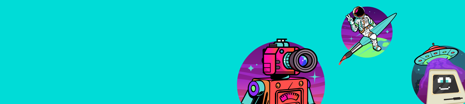 ARTBLOCK brand icons: teal background with a pink robot whose head is a camera, an astronaut riding a teal paintbrush, and a computer 