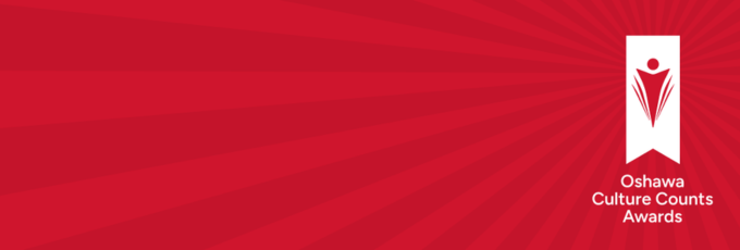 A red background with dark red sunburst design. On the right side is a white vertical banner with a red figure inside and underneath the text in white font "Oshawa Culture Counts Awards".