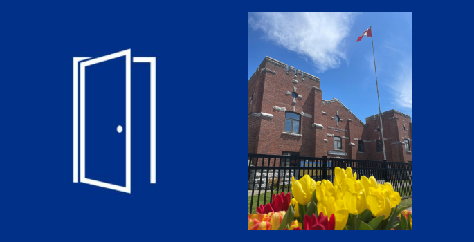 Doors open icon of door opening and a photo of a historic building, with colourful tulips and Canada Flag pole