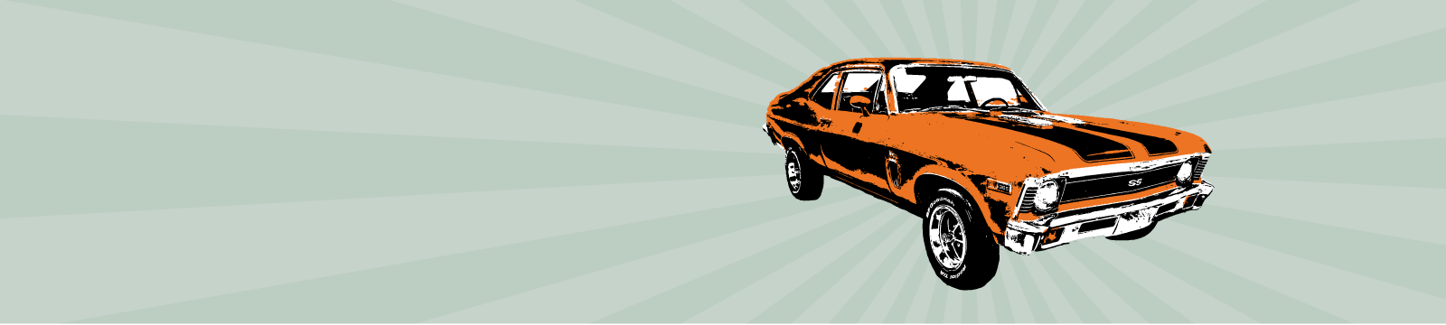 orange classic car image on a green background