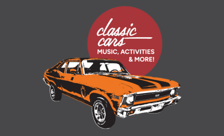 orange muscle car with the words classic cars, music, activities and more Kars On King
