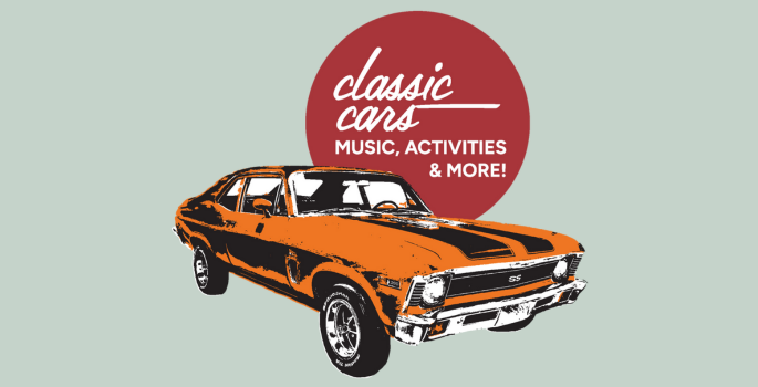 cartoon muscle car on a green background with wording "classic cars, music, activities and more"