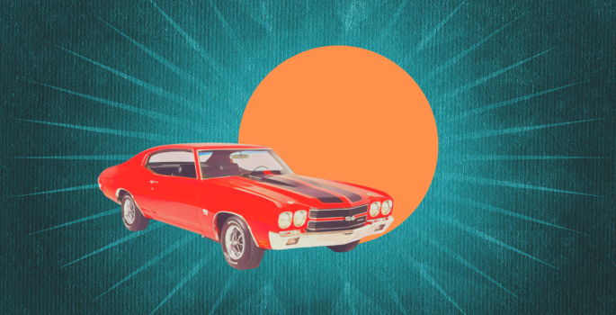 cartoon muscle car on a starburst background with an orange circle behind the car