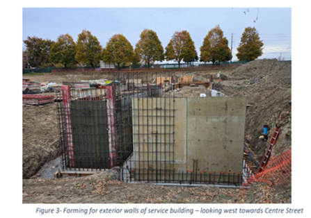 Forming for exterior walls of service building - looking west towards Centre Street