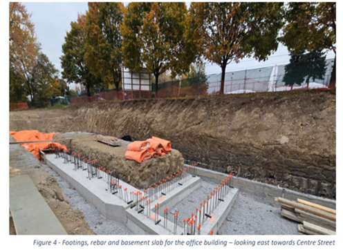 Footings, rebar and basement slab for the office building - looking east towards Centre Street