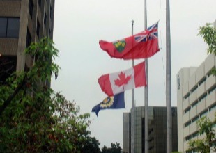 City of Oshawa flag, Province of Ontario flag, Canadian flag