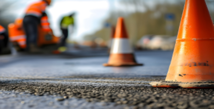 pylons on road with two people working