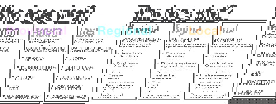 Who does what: Provincial, Regional, Local responsabilties