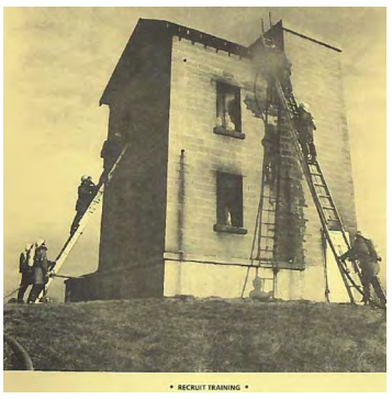 Fire Fighters climeing up ladders to a smoking house