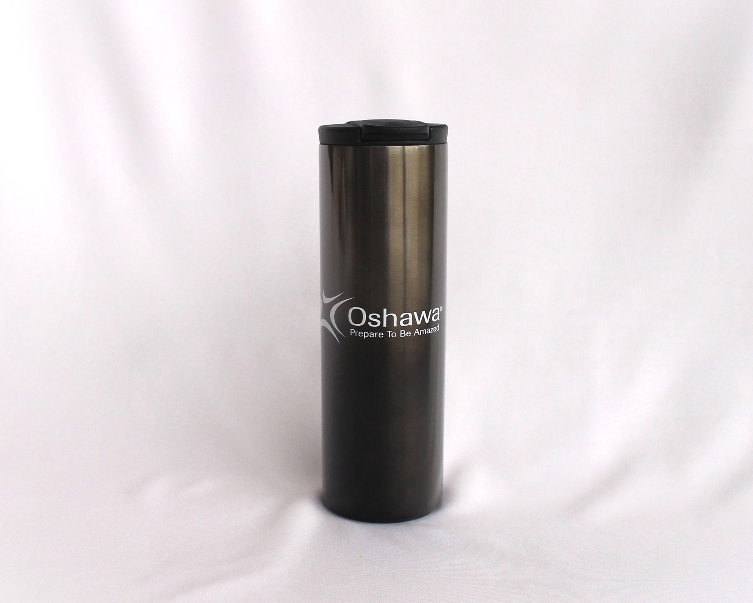 dark grey travel tumbler with City of Oshawa logo